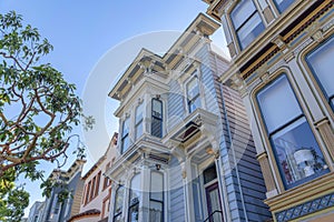 Queen anne row houses in a low angle view in San Francisco, California