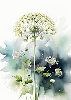 Queen Anne's Lace flower watercolor illustration. Botanical art