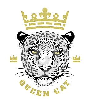 Queen cat. The crown and face of a leopard T-shirt print design. Vector illustration.