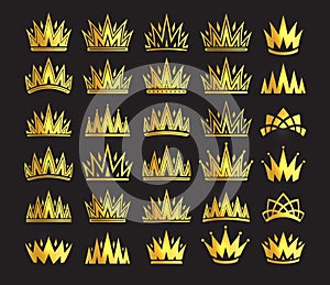 Queen crown, royal gold headdress. King golden accessory. Isolated vector set illustrations. Elite class symbol