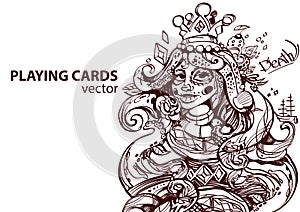 Queen of diamonds playing card suit. Outline drawing