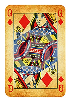 Queen of Diamonds Vintage playing card isolated on white