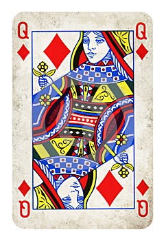 Queen of Diamonds Vintage playing card isolated on white