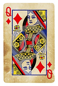 Queen of Diamonds Vintage playing card isolated on white