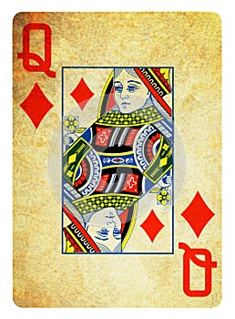 Queen of Diamonds Vintage playing card isolated on white