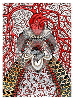 Queen in dress with anatomy heart and veins instead head