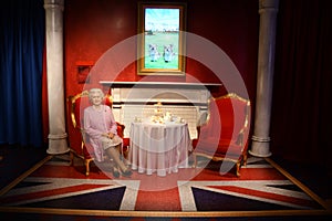 Queen Elizabeth II wax statue at Madame Tussauds Dubai on Bluewaters Island in Dubai, UAE