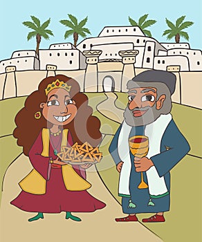 Queen esther and mordecai on ancient city background purim cartoon