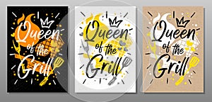 Queen grill quote food poster. Cooking, culinary, kitchen, bbq, barbecue, axe, fork, knife, master chef. Lettering