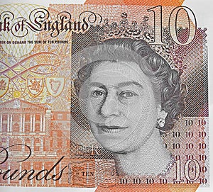 Queen head on money cash ten pounds note