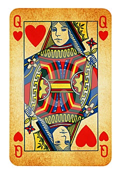 Queen of Hearts Vintage playing card isolated on white