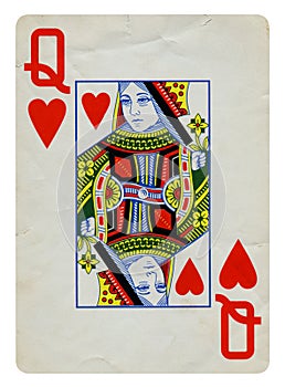 Queen of Hearts Vintage playing card isolated on white