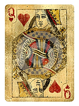 Queen of Hearts Vintage playing card isolated on white