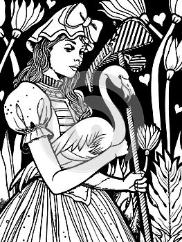 Queen of Hearts in Wonderland using flamingo, coloring book style. Vector, generative ai.