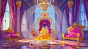 The queen in her palace, medieval throne room interior, cartoon character of the royal family, monarchy person in gold