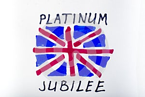 Queen jubilee british. Platinum Jubilee of Queen Elizabeth II. Drawn UK flag and inscription photo