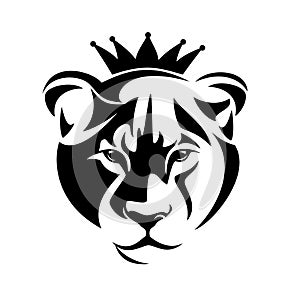 Queen lioness head with royal crown black and white vector portrait