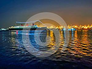 Queen Mary boat night lights Long Beach California
