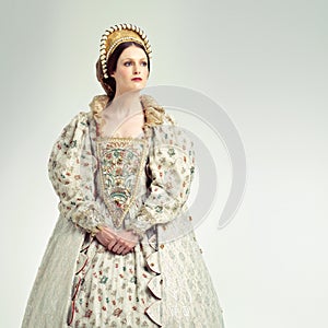 Queen, medieval with renaissance, history and woman with theatre, Shakespeare and drama  on white background