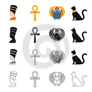 Queen Nefertiti, akhnh, Egyptian cat, beetle of scarab. Ancient Egypt set collection icons in cartoon black monochrome