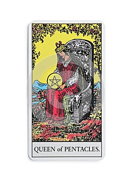 The Queen of Pentacles tarot card on white background, top view
