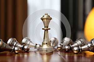 Queen piece among defeated pawns on chessboard indoors