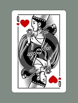 Queen playing card of Hearts suit in vintage engraving drawing stile