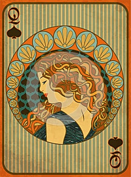 Queen poker spades card in art nouveau style