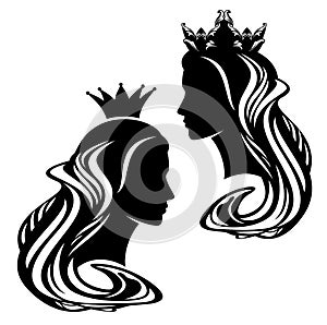 Queen or princess with long hair and crown black and white vector portrait