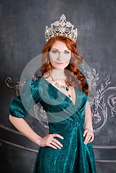 Queen, royal person with crown, red hair and green dress