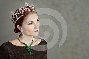 Queen, royalty person with crown. Fashion, elegant woman