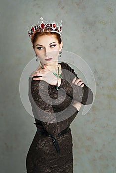 Queen, royalty person with crown. Fashion, elegant woman