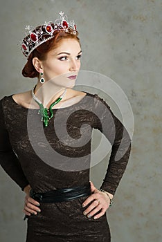 Queen, royalty person with crown. Fashion, elegant woman