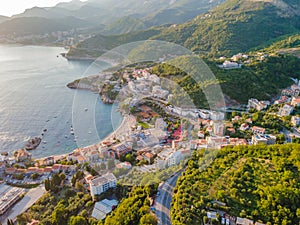 Queen's Beach in Milocer, Montenegro. Aerial view of sea waves and fantastic Rocky coast, Montenegro. drone