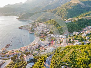 Queen's Beach in Milocer, Montenegro. Aerial view of sea waves and fantastic Rocky coast, Montenegro. drone