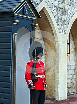 Queen's Guard preparing to be on duty inside Windsor castle