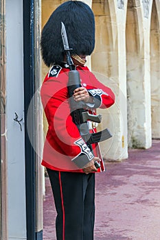 Queen's Guard preparing to be on duty inside Windsor castle