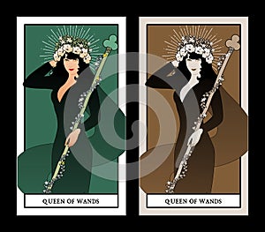 Queen of Wands with flowers crown, holding a rod surrounded by a garland of leaves and flowers. Minor arcana Tarot cards. Spanish