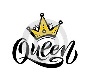 Queen word with crown. Hand lettering text vector illustration