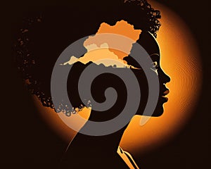 Queenly glow An elegant African American woman silhouette is highlighted in the golden light of a setting sun forever in
