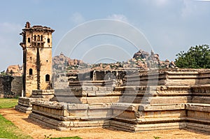 Queens Palace platform with watchtower at Zanana Enclosure, Hampi, Karnataka, India