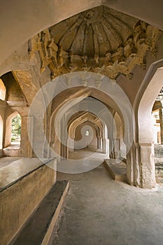 Queens`s bath, Zenana Enclosure, Architectural details of balcony interior, Hampi, Karnataka India.