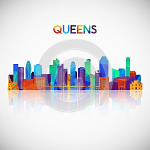 Queens skyline silhouette in colorful geometric style.