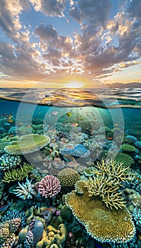 Queensland s great barrier reef coral ecosystem at sunset, underwater view in golden hour