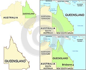 Queensland state location on map of Australia. Capital city is Brisbane