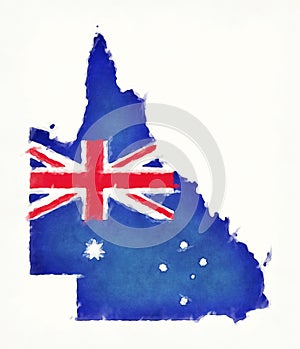 Queensland watercolor map with Australian national flag in front