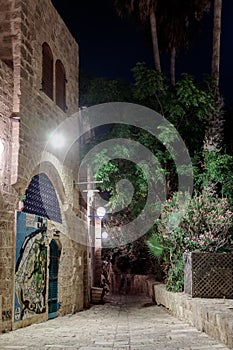 Queet street - Mazal Tal& x27;e at night in old city Yafo, Israel.