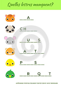 Quelles lettres manquent? - What letters are missing? Complete the words. Matching educational game for children with cute animals photo