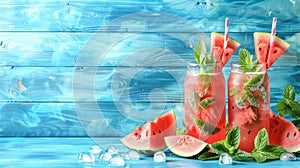 Refreshing watermelon and mint infused water. Summer detox and healthy eating concept photo