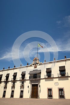 Queretaro City Mexico downtown Plaza Independencia with mexico flag